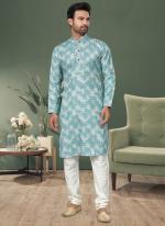 Heavy Cotton Sky Blue Traditional Wear Printed Readymade Kurta Pajama